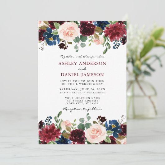 Moderne Elegant Burgundy Waterverf Floral Wedding Kaart (Staand voorkant)