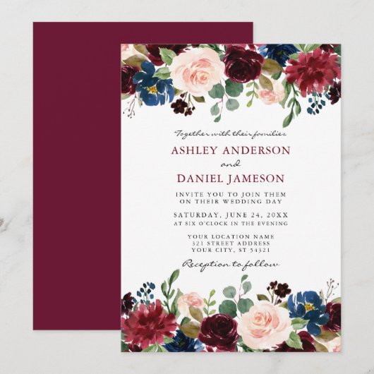 Moderne Elegant Burgundy Waterverf Floral Wedding Kaart (Voorkant / Achterkant)