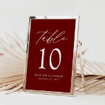 Moderne Elegant Burgundy Wedding Table Numbers<br><div class="desc">Trendy, minimalistische trouwlijstaantalkaarten met witte moderne letters met "Lijst" in modern kalligrafiekmanuscript. Het ontwerp is voorzien van een achtergrond die door een schoft wordt geschoold of een kleur van uw keuze. Het ontwerp herhaalt zich op de rug. Om de schotwedetelkaarten te bestellen: voeg jouw naam, trouwdatum, en lijstaantal toe. Voeg...</div>