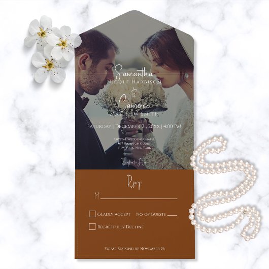 Moderne Elegant Burnt Oranje Rust Photo No Dinner All In One Uitnodiging