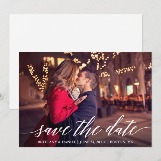 Moderne Elegant Calligraphy Couple Photo Save The Date (Voorkant / Achterkant)