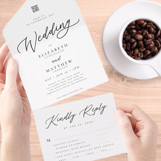 Moderne Elegant Chic Simple QR Code Weddenschap RS All In One Uitnodiging