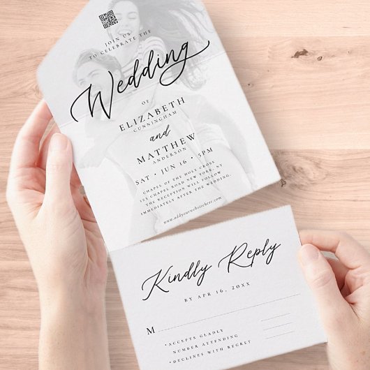 Moderne Elegant Chic Simple QR Code Weduwfoto All In One Uitnodiging