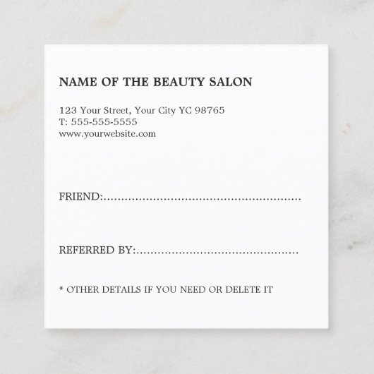 Moderne Elegant Clean Beauty Salon Referral-Kaart Aanbevelingskaartje (Achterkant)