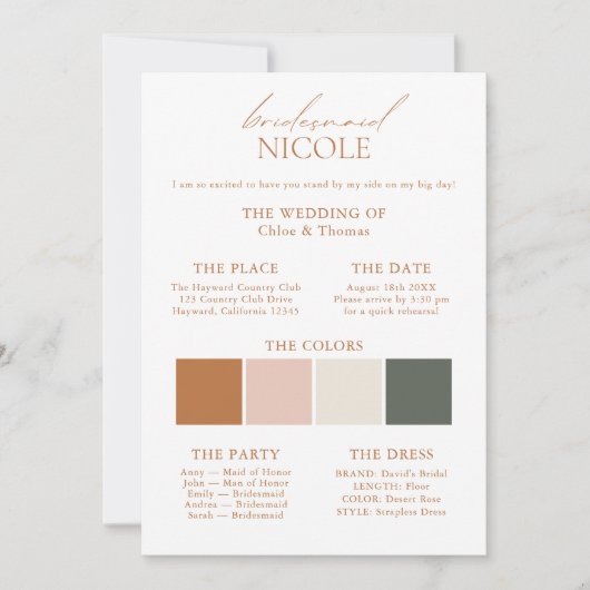Moderne Elegant Colour Palette Bridesmaid Info Kaa Kaart (Voorkant)