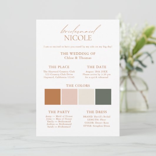 Moderne Elegant Colour Palette Bridesmaid Info Kaa Kaart (Staand voorkant)