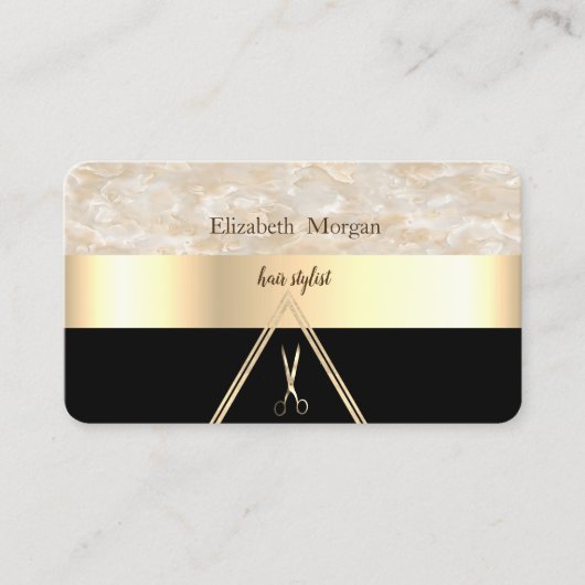 Moderne Elegant Cool Marble Black, Gold, Scissors Visitekaartje (Voorkant)