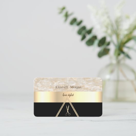 Moderne Elegant Cool Marble Black, Gold, Scissors Visitekaartje (Staand voorkant)