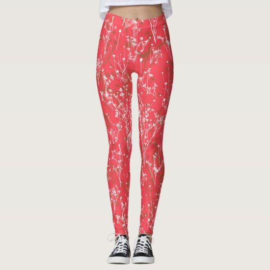 Moderne Elegant Coral Red Wildflower Leggings (Voorkant)