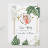 Moderne Elegant Eucalyptus Foto eerste Communie Kaart (Achterkant)