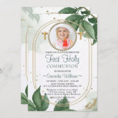 Moderne Elegant Eucalyptus Foto eerste Communie Kaart (Voorkant / Achterkant)