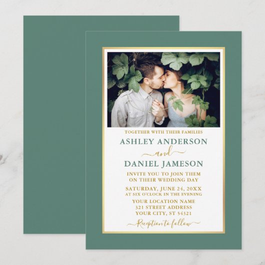 Moderne Elegant Eucalyptus Green Gold Wedding Kaart (Voorkant / Achterkant)