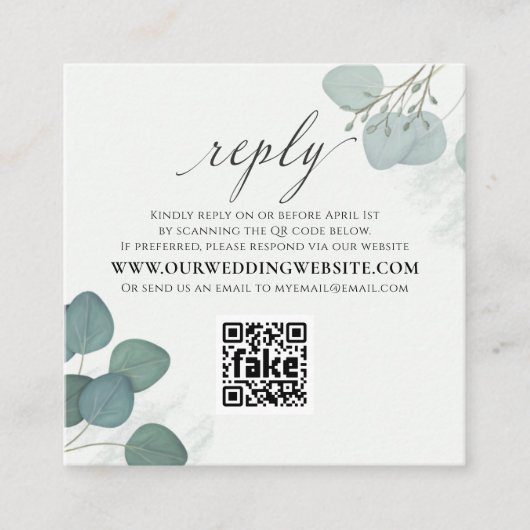 Moderne Elegant Eucalyptus Greenery QR Code RSVP Vierkante Visitekaartje (Voorkant)