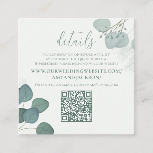 Moderne Elegant Eucalyptus Greenery QR Code Websit Vierkante Visitekaartje (Voorkant)