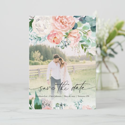 Moderne Elegant Floral Roos Vloer sparen de Datum Kaart (Staand voorkant)