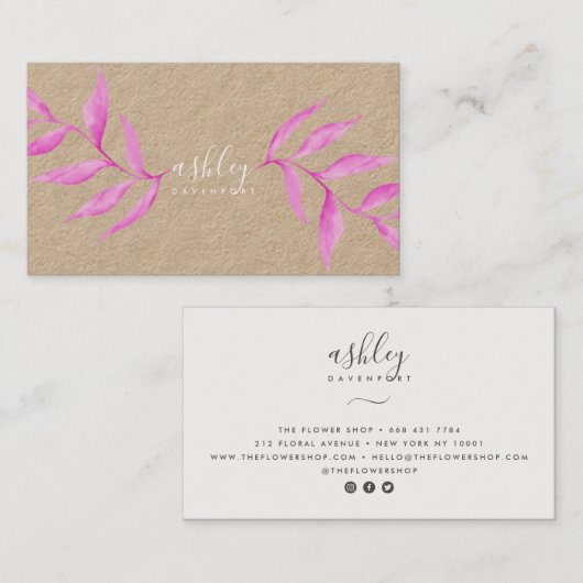 Moderne elegant florroze waterverf kraft visitekaartje (Voorkant / Achterkant)