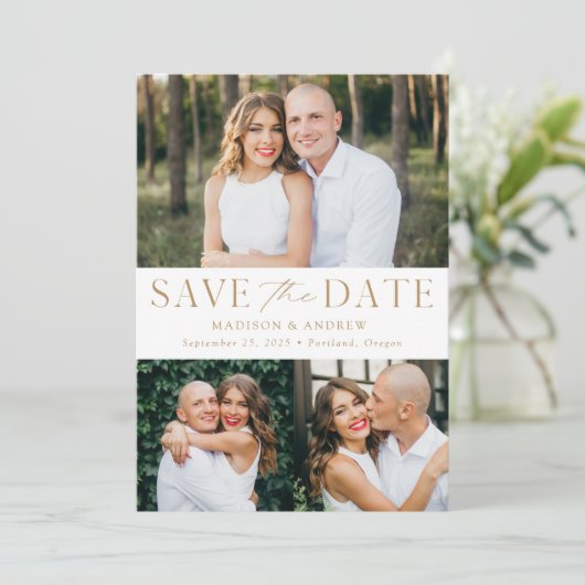 Moderne Elegant Gold 3 Foto QR Code Save The Date (Staand voorkant)