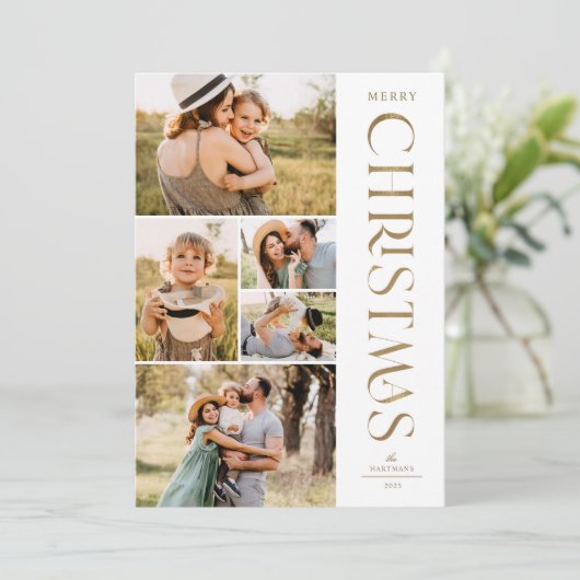Moderne Elegant Gold 5-fotocollage kerst Feestdagenkaart (Staand voorkant)