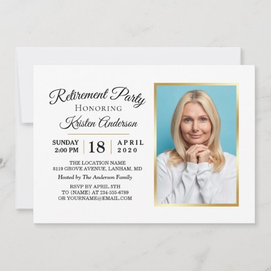 Moderne Elegant Gold Photo Retirement Party Kaart (Voorkant)