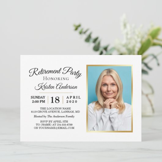 Moderne Elegant Gold Photo Retirement Party Kaart (Staand voorkant)