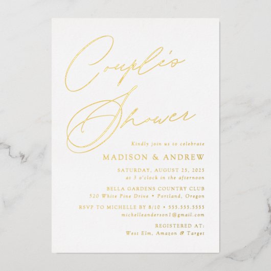 Moderne Elegant Gold Script Couple's Shower Folie Uitnodiging (Voorkant)