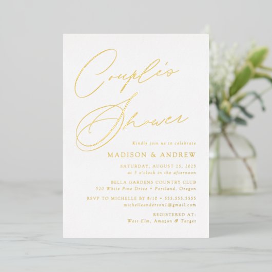 Moderne Elegant Gold Script Couple's Shower Folie Uitnodiging (Staand Voorkant)
