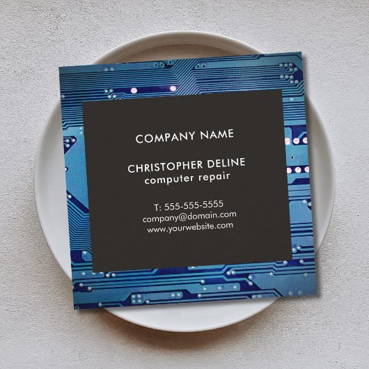 Moderne Elegant Grey Blue Circuit Computer Reparin Vierkante Visitekaartje