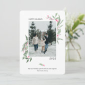 Moderne elegant holly besries kerstfoto feestdagenkaart (Staand voorkant)