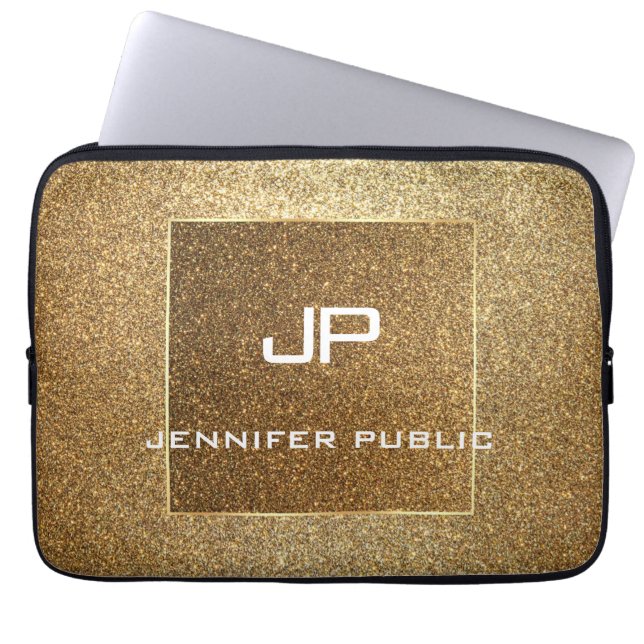 Moderne Elegant Monogram Gold Glitter Sjabloon Laptop Sleeve (Voorkant)