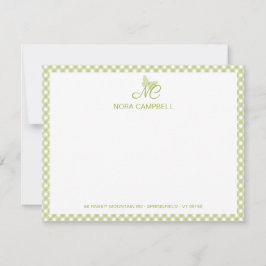 Moderne Elegant Monogram Lichtgroene Gingham Chequ Notitiekaartje