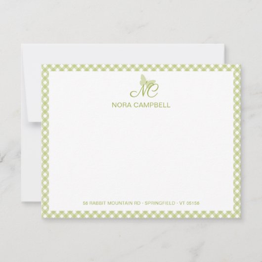 Moderne Elegant Monogram Lichtgroene Gingham Chequ Notitiekaartje (Voorkant)