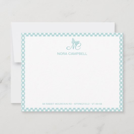 Moderne Elegant Monogram Turquoise Gingham Cheques Notitiekaartje (Voorkant)