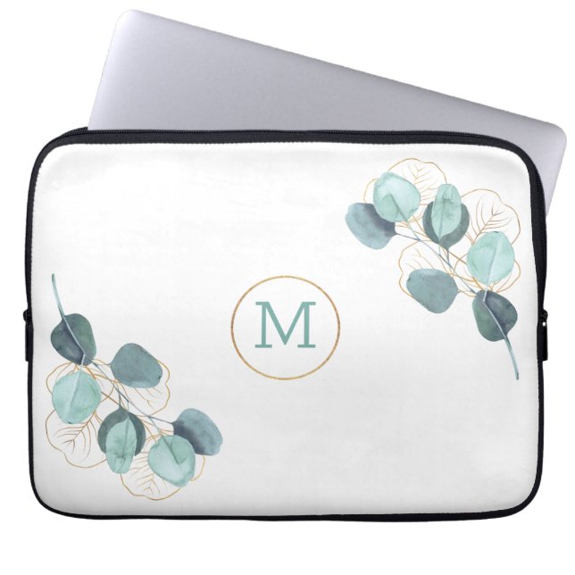 Moderne Elegant Monogrammed Eucalyptus Gold-laptop Laptop Sleeve (Voorkant)