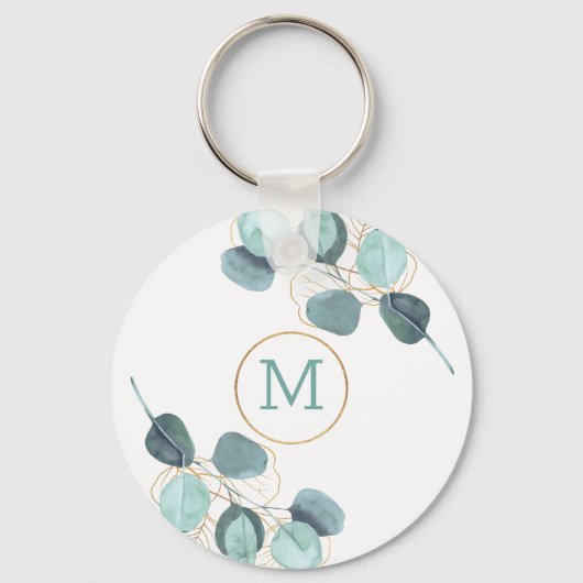 Moderne Elegant Monogrammed Eucalyptus Gold Sleutelhanger (Voorkant)