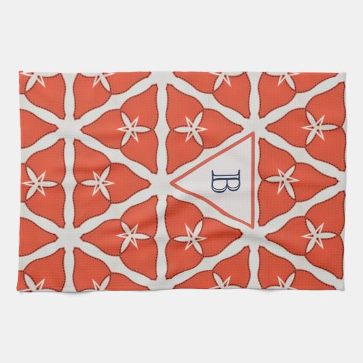 Moderne Elegant Oranje Pattern Monogram Aangepast Theedoek (Horizontaal)