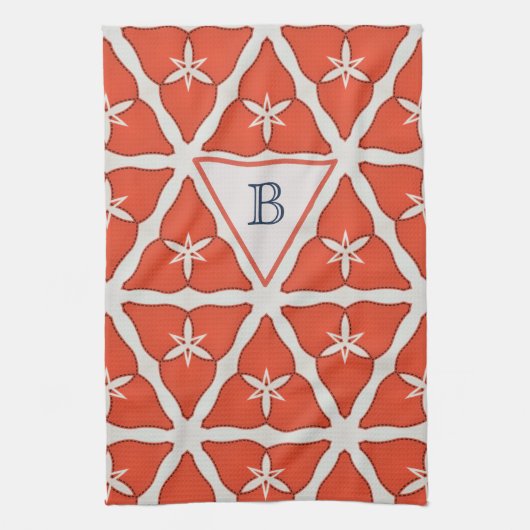 Moderne Elegant Oranje Pattern Monogram Aangepast Theedoek (Verticaal)