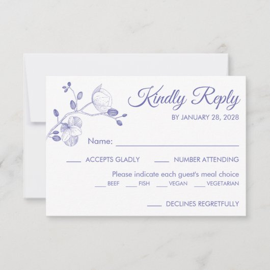 Moderne elegant orchideeën maaltijd keuze paars RSVP kaartje (Voorkant)