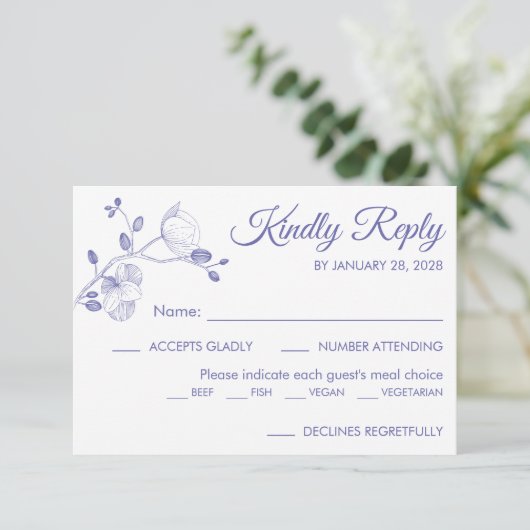 Moderne elegant orchideeën maaltijd keuze paars RSVP kaartje (Staand voorkant)