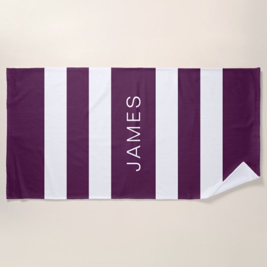 Moderne Elegant Paars White Stripes Pattern Name Strandlaken (Voorkant)