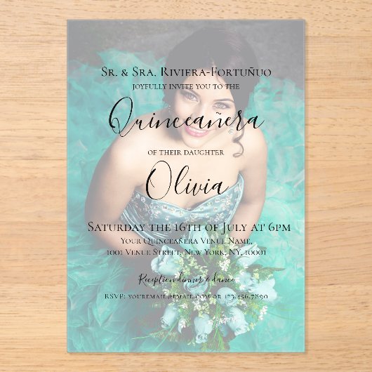 Moderne Elegant Quinceanera 15e verjaardag Foto Acryl Uitnodigingen (Voorkant)
