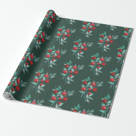 Moderne Elegant Red Berries op donkerkergroene ker Cadeaupapier