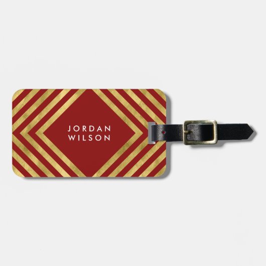 Moderne Elegant Red Faux Gold Geometric Lines Bagagelabel (Voorkant horizontaal)