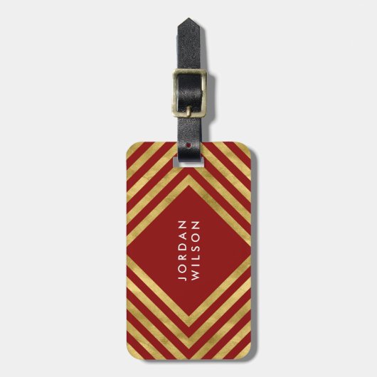 Moderne Elegant Red Faux Gold Geometric Lines Bagagelabel (Voorkant verticaal)