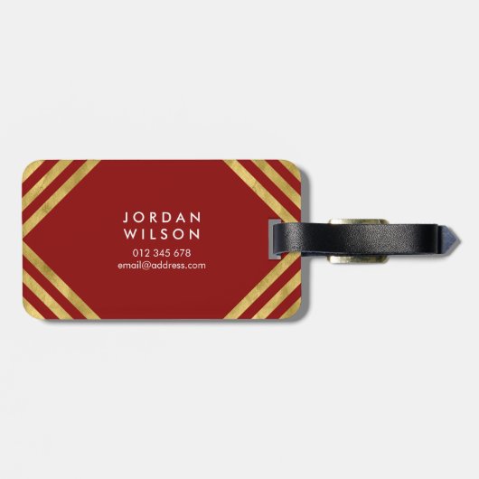 Moderne Elegant Red Faux Gold Geometric Lines Bagagelabel (Achterkant horizontaal)