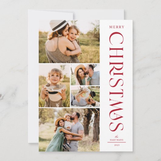Moderne Elegant Red Five Photo Collage Kerstmis Feestdagenkaart (Voorkant)
