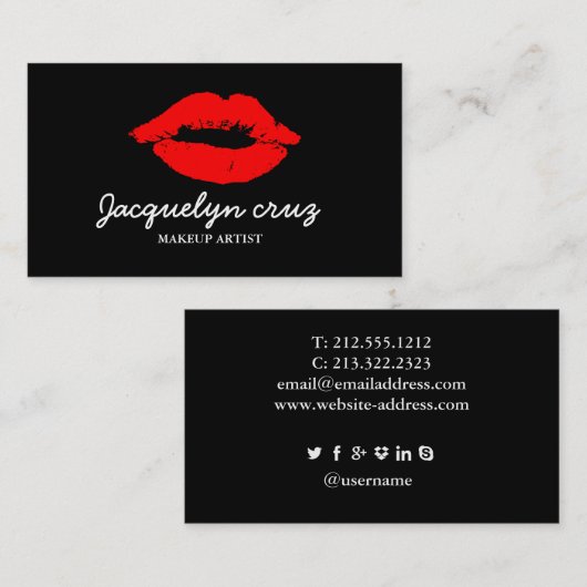 Moderne Elegant Red Lips Makeup Artist Plain Black Visitekaartje (Voorkant / Achterkant)