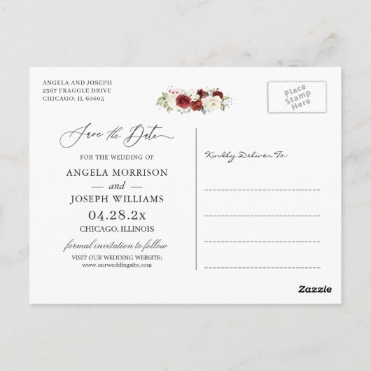 Moderne Elegant Red White Floral sla de datum op Briefkaart (Achterkant)