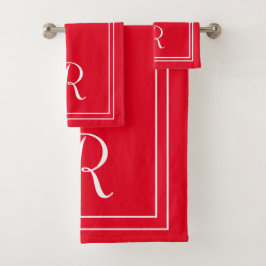 Moderne Elegant Red & White Monogram Bath-handdoek Bad Handdoek