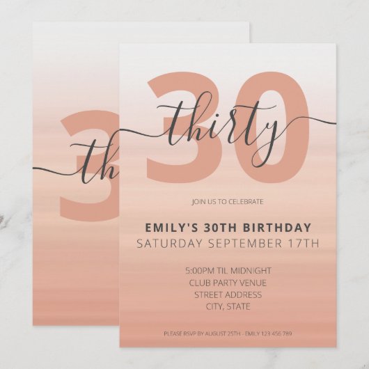 Moderne Elegant Roos Gold 30e verjaardag uitnodigi Kaart (Voorkant / Achterkant)