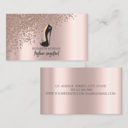 Moderne Elegant Roos Gold Diamonds, zwarte hiel Visitekaartje (Voorkant / Achterkant)